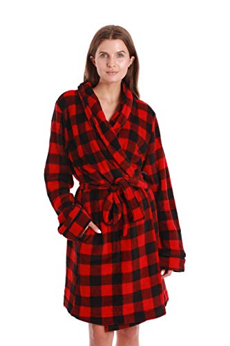 Printed Plush Robe for Women, Buffalo Plaid - Red