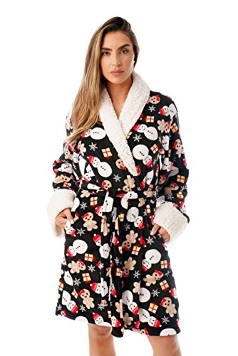 Sherpa Trim Plush Robe for Women, Black - Mixed Holiday