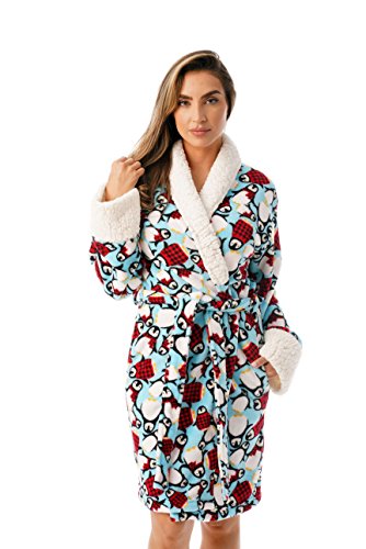 Sherpa Trim Plush Robe for Women, Blue - Tossed Penguin