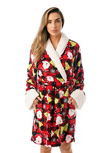 Sherpa Trim Plush Robe for Women, Buffalo Plaid Christmas