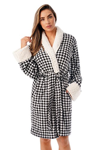 Sherpa Trim Plush Robe for Women, Houndstooth