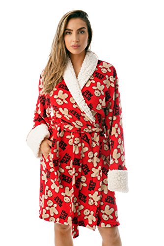 Sherpa Trim Plush Robe for Women, Red - Bite Me Gingerbread Man