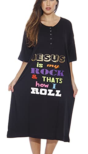 Short Sleeve Nightgown, Black - Jesus is My Rock