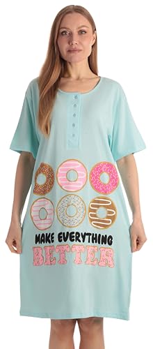 Short Sleeve Nightgown Sleep Dress for Women, Aqua - Donuts