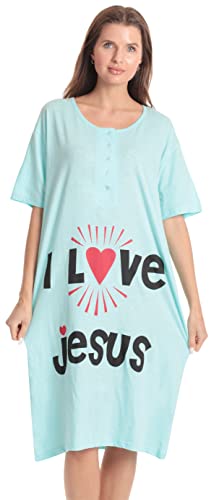 Short Sleeve Nightgown Sleep Dress, Aqua - I Love Jesus