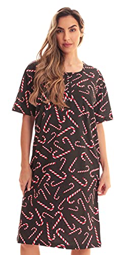 Short Sleeve Nightgown Sleep Dress for Women, Black - Candy Cane