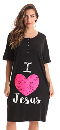 Short Sleeve Nightgown Sleep Dress, Black - I Love Jesus