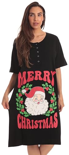 Short Sleeve Nightgown Sleep Dress, Black - Merry Christmas