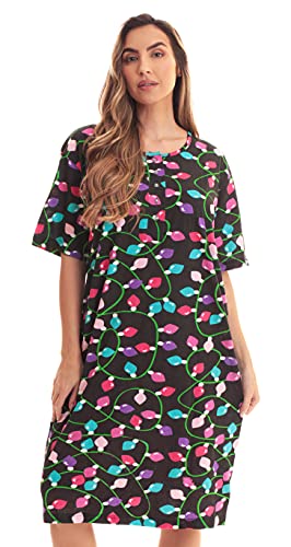 Short Sleeve Nightgown Sleep Dress, Black - Christmas Lights