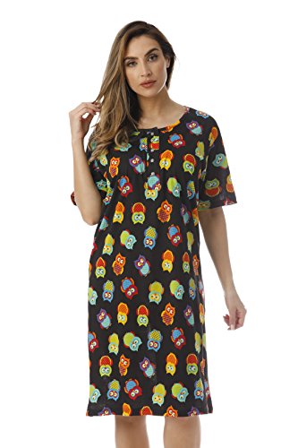 Short Sleeve Nightgown Sleep Dress for Women, Black - Fun Owl