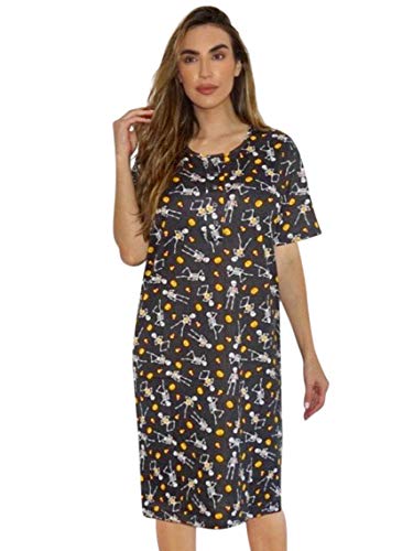 Short Sleeve Nightgown Sleep Dress, Black - Skeleton Pumpkin