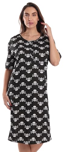 Short Sleeve Nightgown Sleep Dress, Black - Skull Crossbones