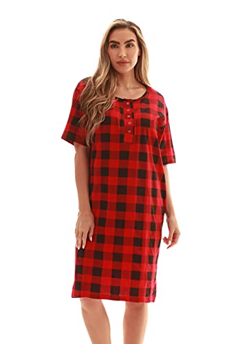Short Sleeve Nightgown Sleep Dress for Women, Buffalo Plaid