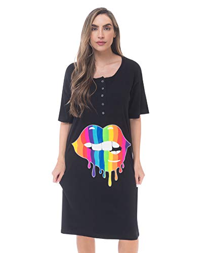 Short Sleeve Nightgown Sleep Dress, Black - Rainbow Lips