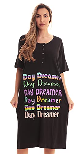 Short Sleeve Nightgown Sleep Dress, Black - Day Dreamer