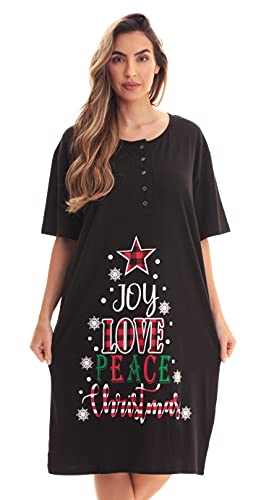 Short Sleeve Nightgown Sleep Dress, Black - Joy Love Peace Xmas
