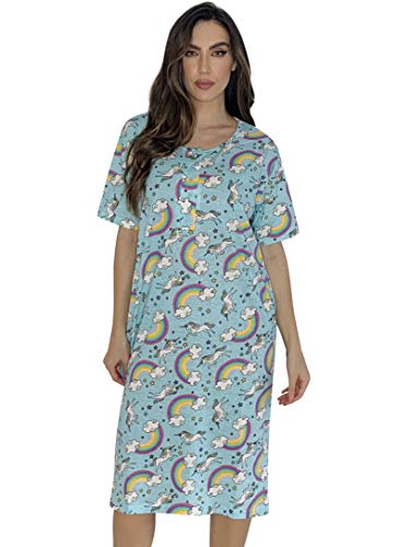 Short Sleeve Nightgown Sleep, Blue - Unicorns and Rainbows