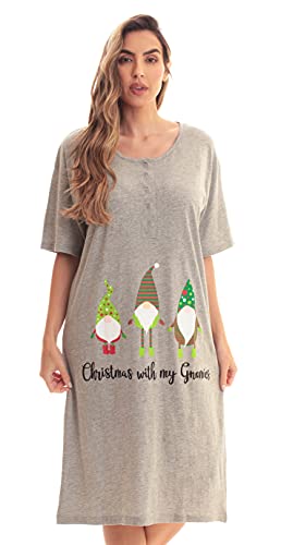 Short Sleeve Nightgown Sleep Dress, Grey - Xmas With My Gnomes
