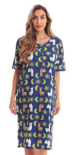 Short Sleeve Nightgown Sleep Dress, Navy - Llama Celestial