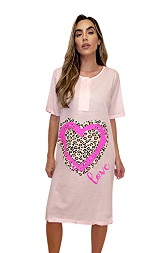 Short Sleeve Nightgown Sleep Dress, Pink - Leopard Heart