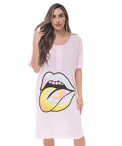 Short Sleeve Nightgown Sleep Dress, Pink - Tie Dye Pastel Mouth