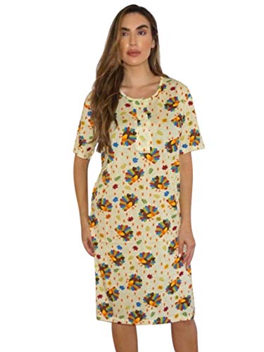 Short Sleeve Nightgown Sleep Dress, Tan - Autumn Turkeys