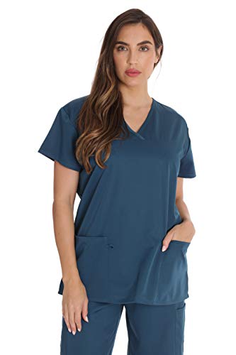 Stretch Solid Scrub Tops for Women, Carribean Blue