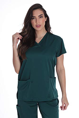 Stretch Solid Scrub Tops for Women, Hunter Green