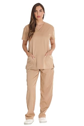 Stretch Solid Scrub Tops for Women Khaki