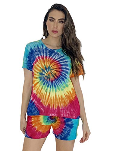 Tie Dye Shorts Set for Women, Tie Dye Bright Swirl Short Sleeve