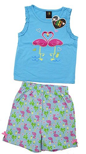 Two Piece Girls Shorts Set, Blue Flamingo