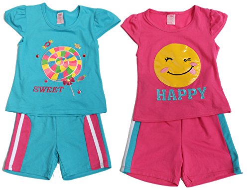 Two Piece Short Set, Blue Sweets / Pink Happy Face