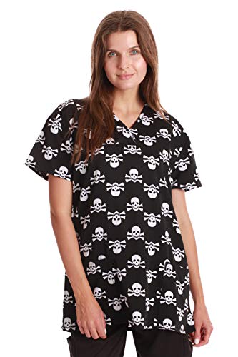 V-Neck Stretch Top for Women, Stretch Fabric Black - Skull