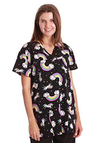 V-Neck Stretch Top, Stretch Fabric Black - Unicorn Rainbow