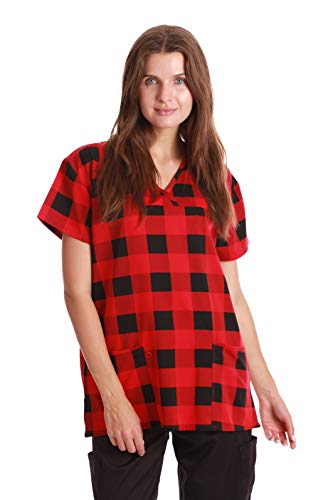V-Neck Stretch Top for Women, Stretch Fabric Red - Buffalo Plaid