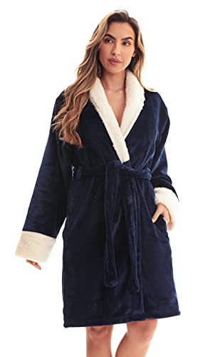 Velour Chevron Texture Bath Robes for Women, Navy Sherpa