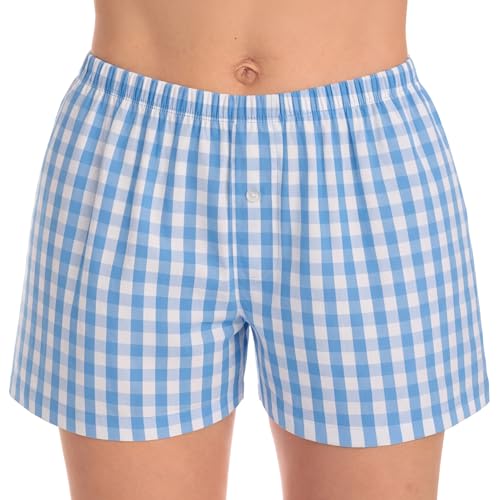Womans Pajamas Shorts PJs, Gingham Check Blue