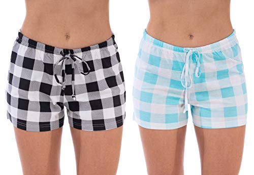 Womans Pajamas Shorts PJs Sleepwear, Buffalo Plaid - Pack 2