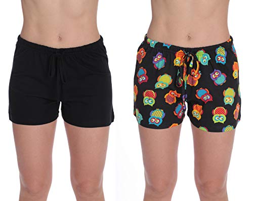Womans Pajamas Shorts PJs Sleepwear, Owl - Black