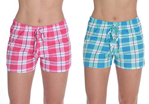Womans Pajamas Shorts PJs Sleepwear, Plaid Blue - Plaid Pink