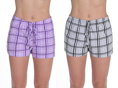 Womans Pajamas Shorts PJs Sleepwear, Plaid Purple - Plaid Grey