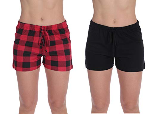 Womans Pajamas Shorts PJs Sleepwear, Red Buffalo Plaid - Black