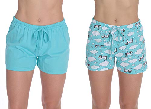 Womans Pajamas Shorts PJs Sleepwear, Unicorns - Aqua