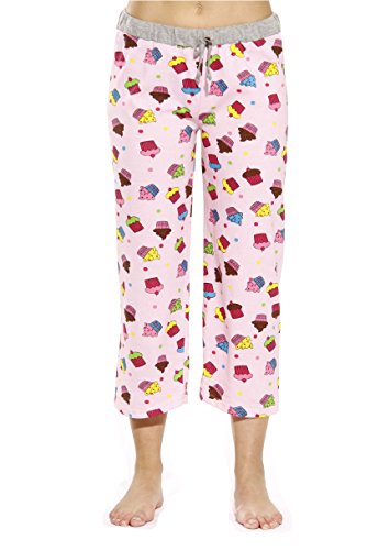 Women Pajama Capri Pants Sleepwear, Cupcake Dots - Pink