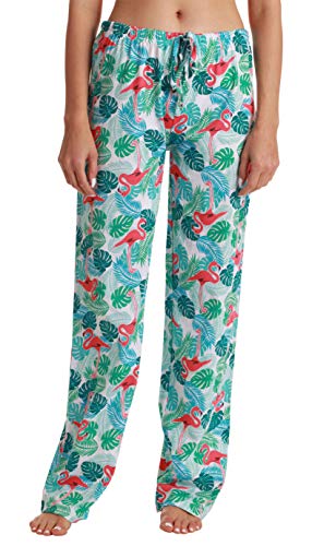 Women Pajama Pants Sleepwear, White - Tropical Flamingos