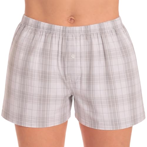 Women's Cotton Boxer Shorts, Woven Poplin, Plaid - Grey White