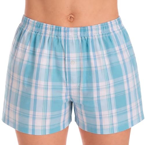 Women's Cotton Boxer Shorts, Woven Poplin, Plaid - Blue White
