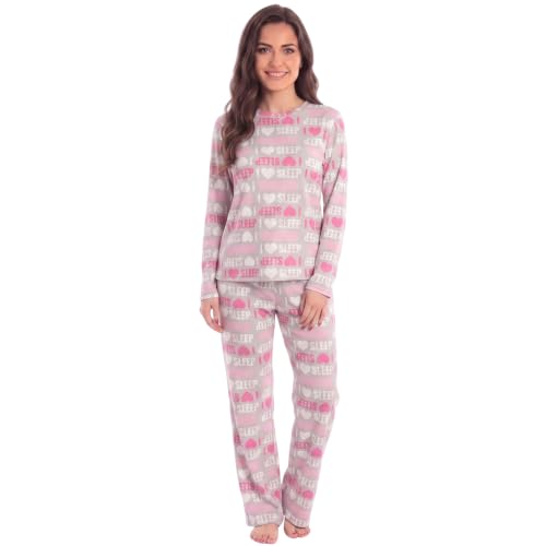 Women's Fleece Pajama Set, Long, Brushed Grey I Heart Sleep