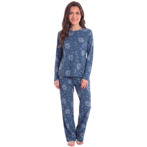 Women's Fleece Pajama Set, Long Sleeve, Brushed Navy Astro Sky