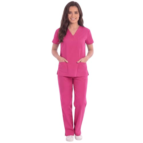 Women's Medical Scrubs Set, 6-Pocket V-Neck Top, Hot Pink